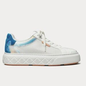 Tory Burch Ladybug Leather Sneakers Trainer White Iridescent Coral Blue Low US 7